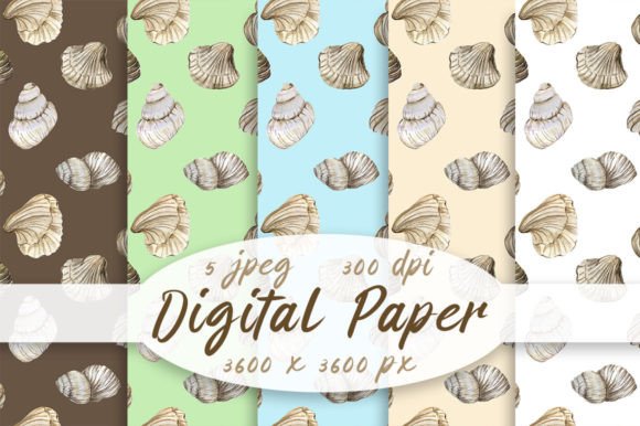 Watercolor Patterns Seashell, Conch, PNG: Seamless Digital Papers for Thoughtful Design Work